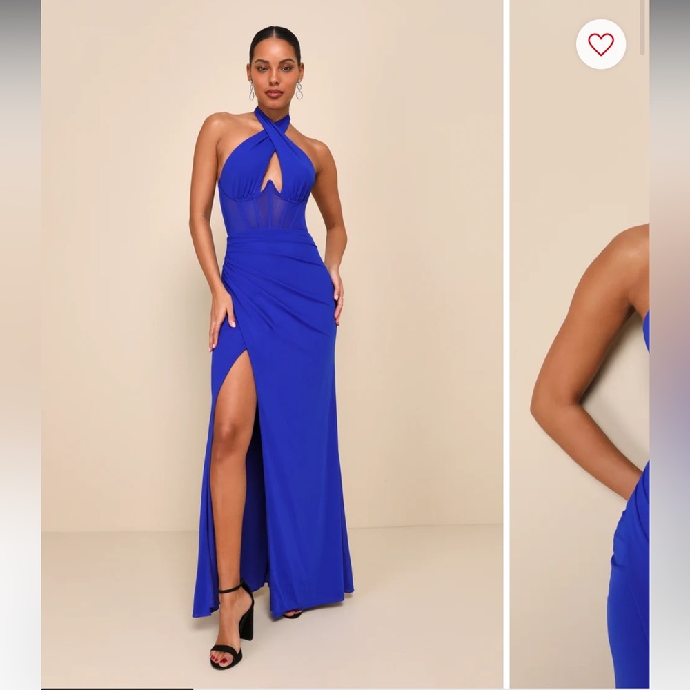 Never-Ending Glamour Blue Mesh Cross-Front Halter Maxi Dress - Lulus